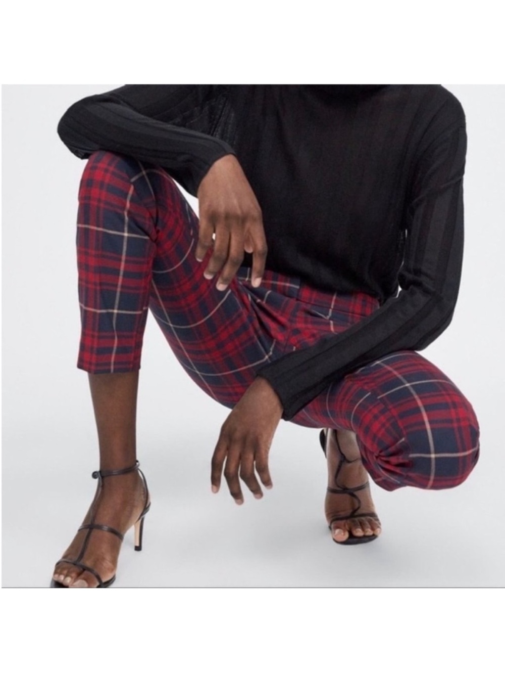 Zara Basic Tartan Plaid Red Navy Plaid Ankle Pants